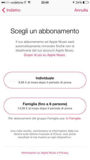 apple music prezzi in italia