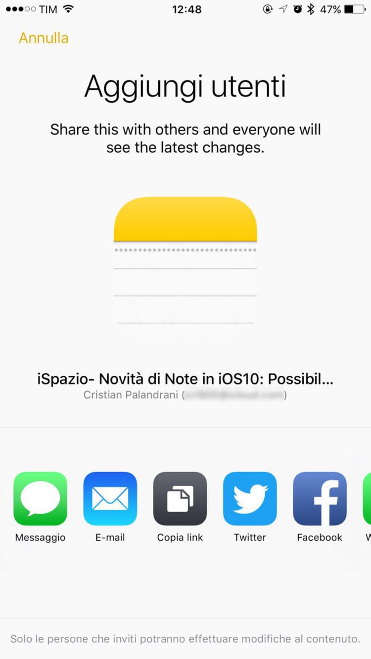 condivisione email iOS 10