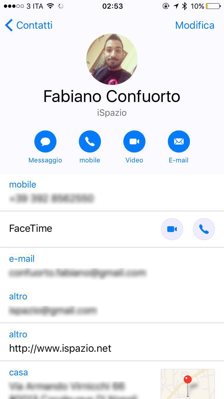 info contatti iOS 10