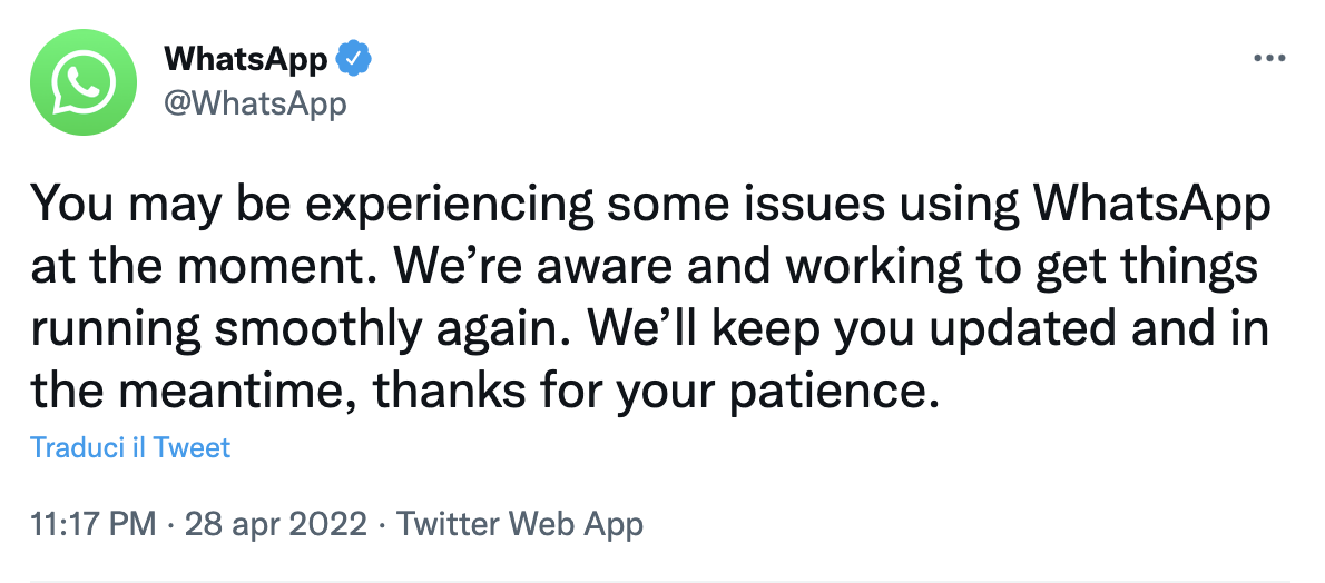WhatsApp Down 28 aprile 