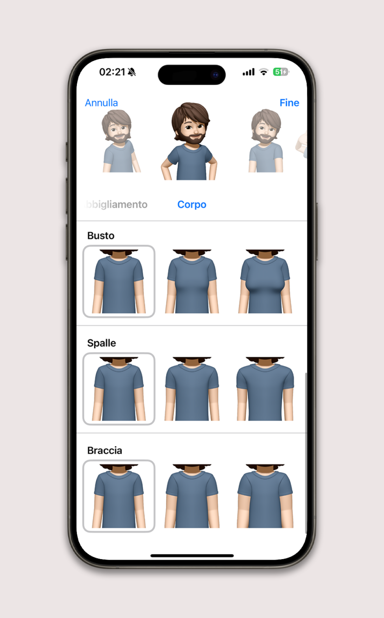 Nuovo menù corpo per personalizzare le Memoji 17.2 beta 1