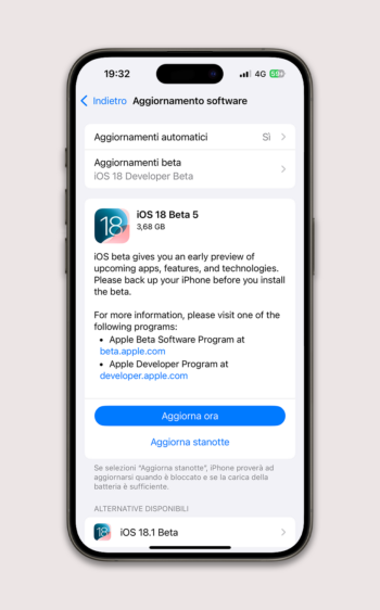 IOS 18 BETA 5 schermata aggiornamento
